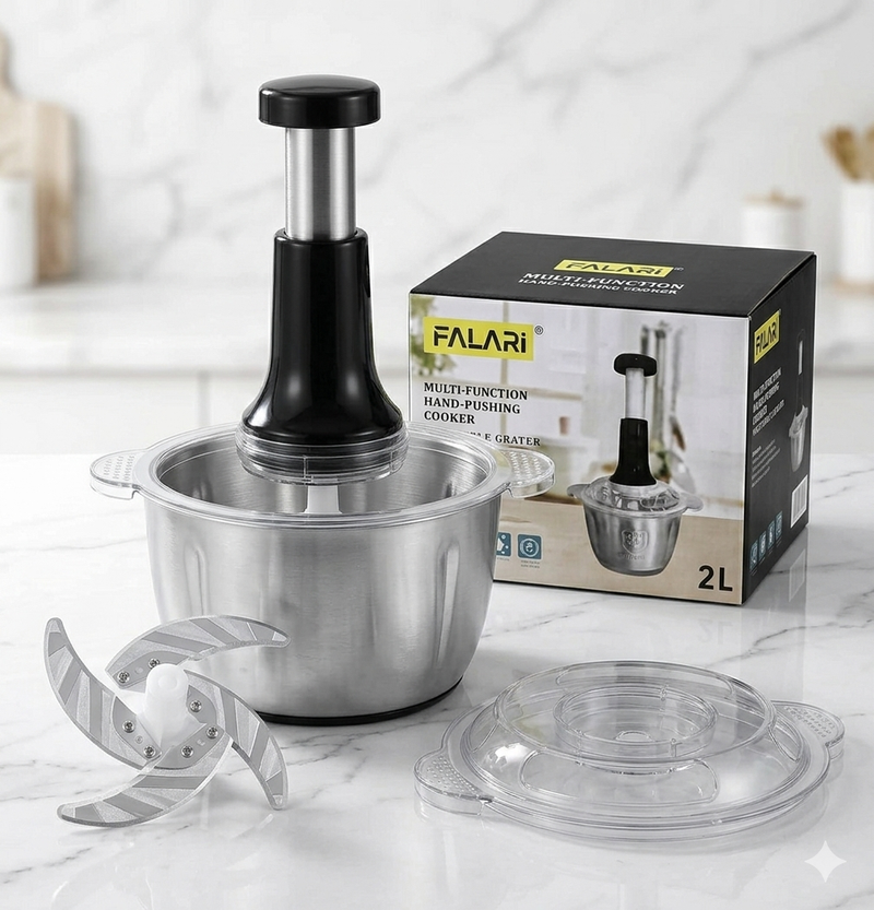Falari 2L Stainless Steel Hand Push Chopper & Vegetable Grater | Manual Food Processor