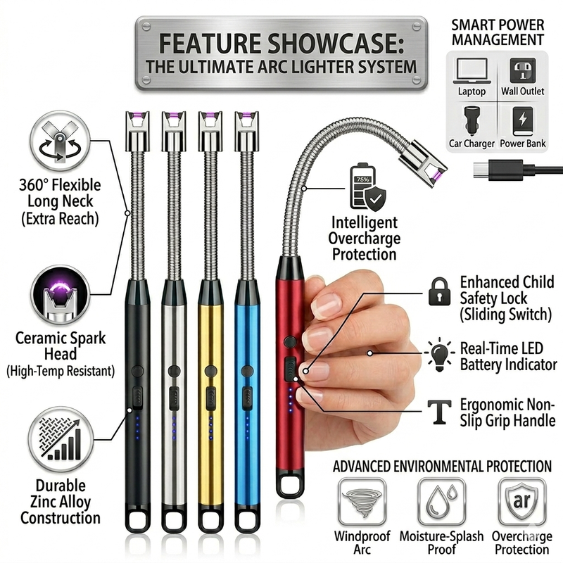 360° Flexible USB Rechargeable Electronic Arc Lighter – Windproof & Safe